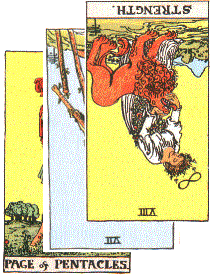 significator, cover, cross significator is Page of pentacles, covered by Seven of Wands inverted, crossed by
Strength, inverted.