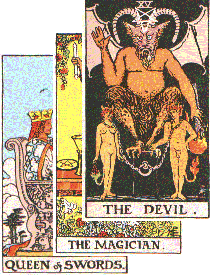 significator, cover, cross significator is the Queen of Swords, covered by the Magician, crossed by the Devil