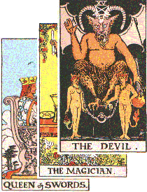 significator is the Queen of Swords, covered by the Magician, crossed by the Devil