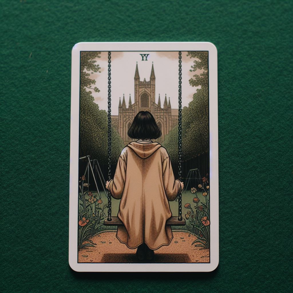 tarot card of a woman with black hair, sitting on a swing in a playground, profile, looking at a gothic church, grassy field, sunlight, beige raincoat with hood