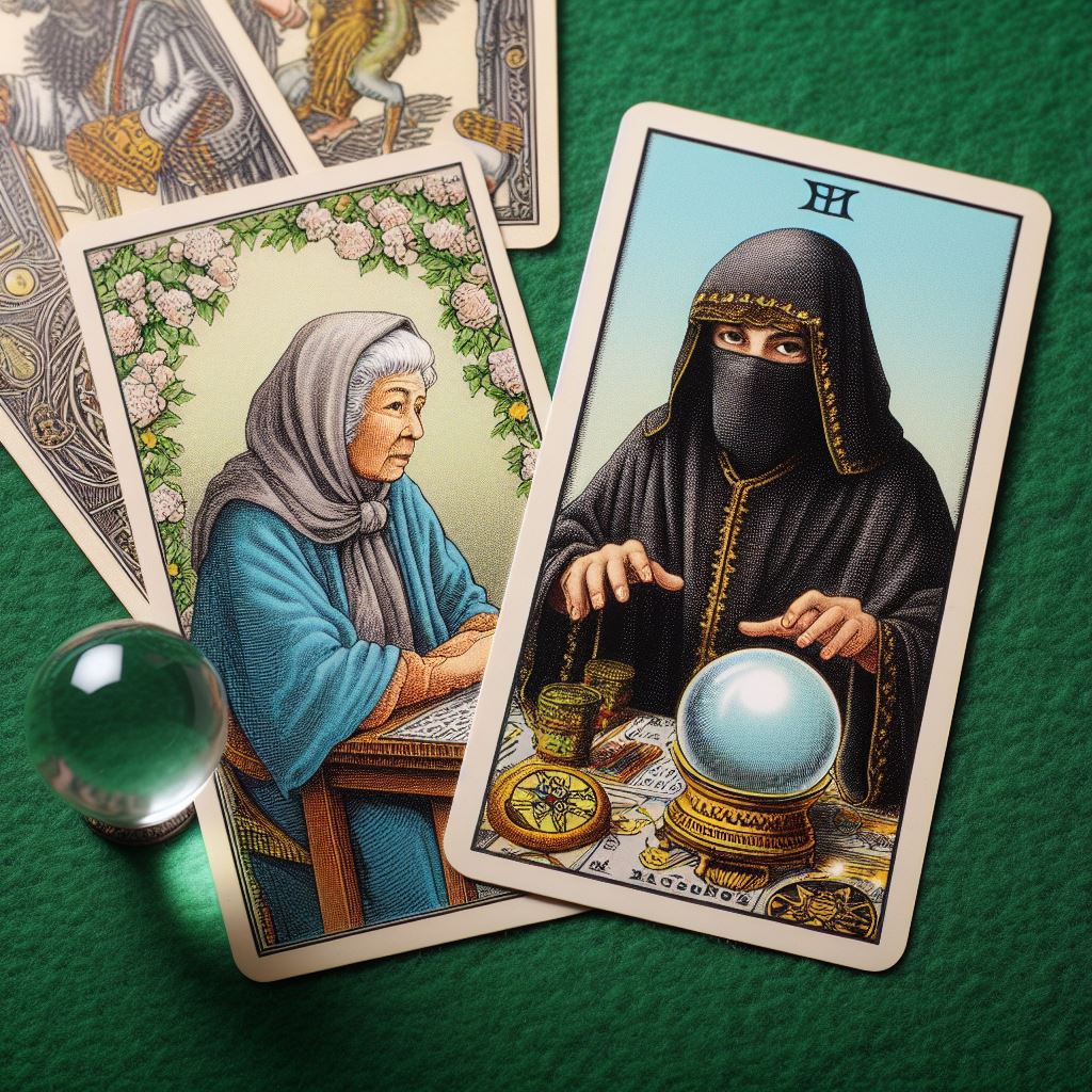 tarot card of an old woman consulting a veiled fortune teller
