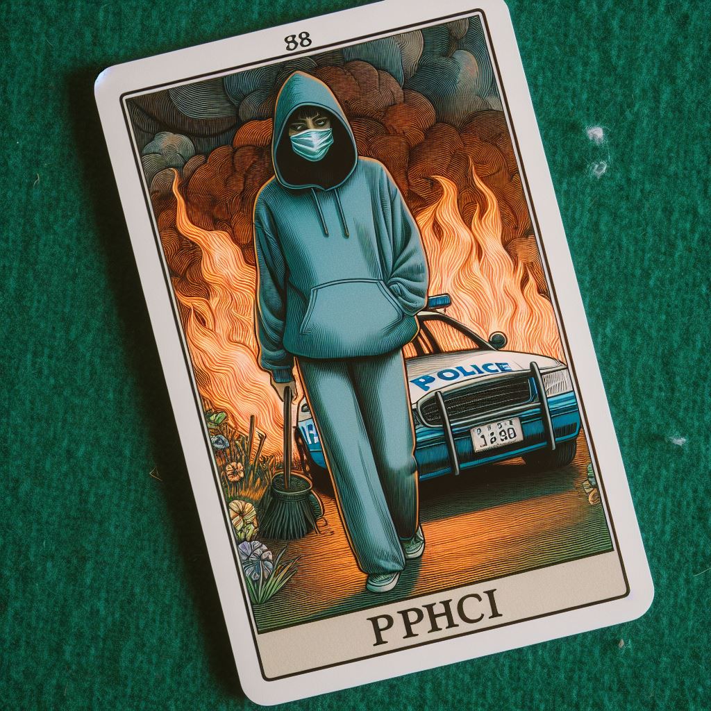 tarot card of a woman with black hair in a hoodie and jeans in front of a burning) police car, her face shadowed