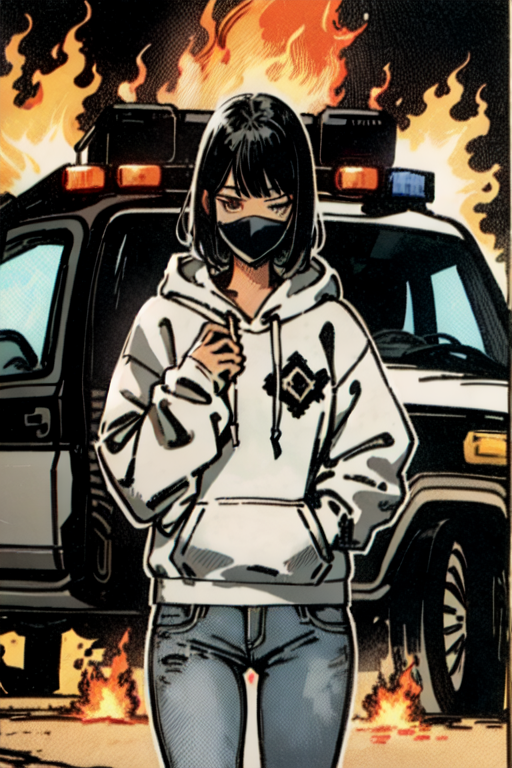 tarot card of a woman with black hair in a hoodie and jeans in front of a burning) police car, her face shadowed