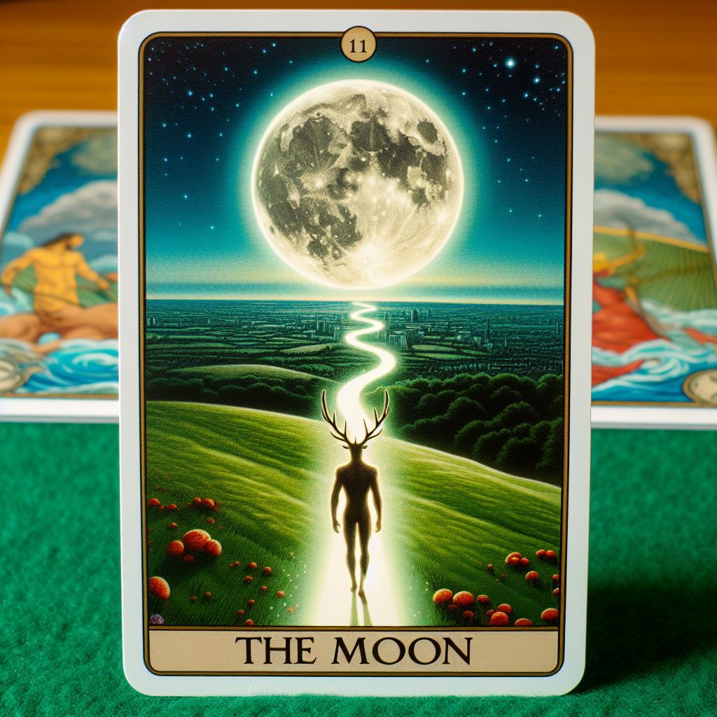 tarot card of a bearded man with antlers, approaching on a path from the full_moon