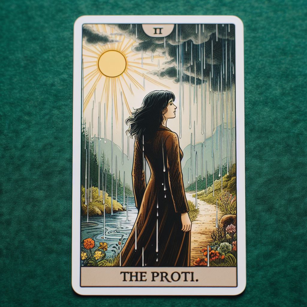 tarot card of a woman with black hair, standing by a river in a park.  Rain is falling, but the sun is shining.