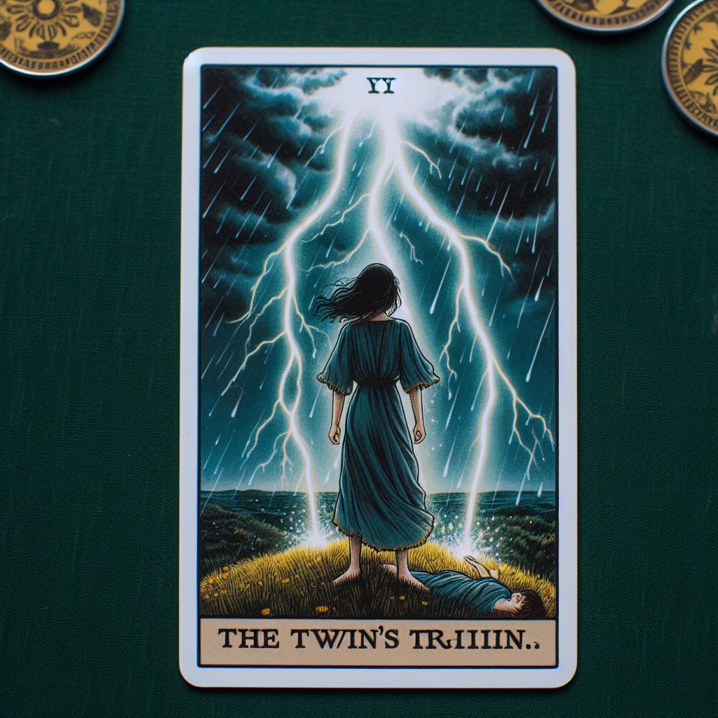 tarot card of a woman with black hair, standing over a corpse.  Lightning is flashing over both of them.