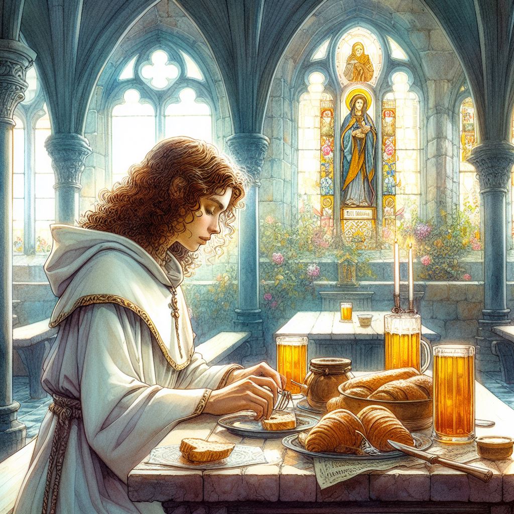 A middle-aged woman with curly brown hair takes breakfast in the abbey refectory.