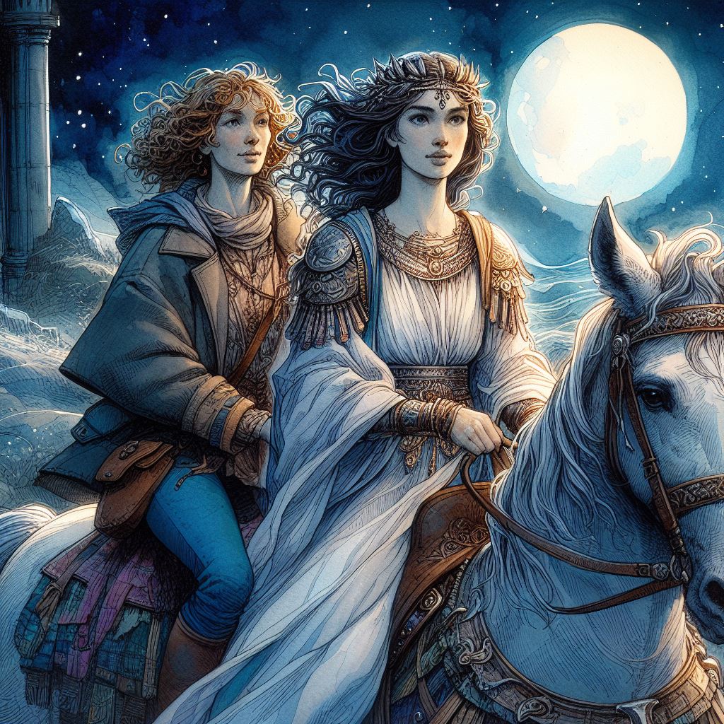 A middle-aged English woman with curly brown hair, rides pillion on a white horse behind a young woman in ancient Greek garb.