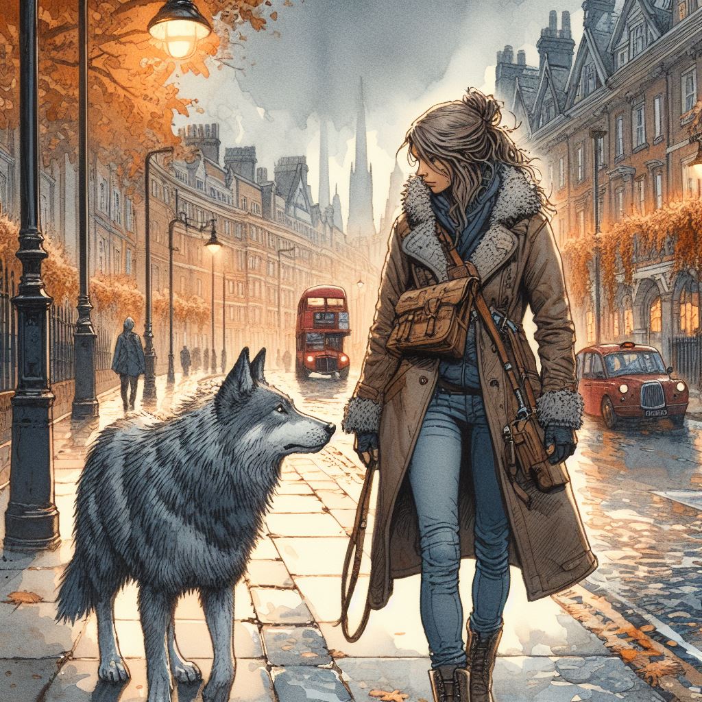 a woman and a wolf walk down a London street at evening
